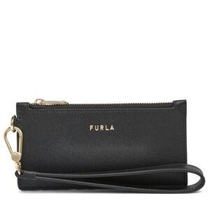 FURLA Classic Credit Card Case Leather Wallet‎ Wristlet, Black, Wrist Strap, NWT